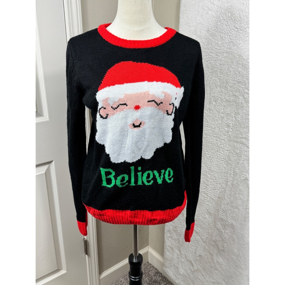 Dec‎ 25th Womens Large Santa Claus Believe Ugly Christmas Sweater Long Sleeve